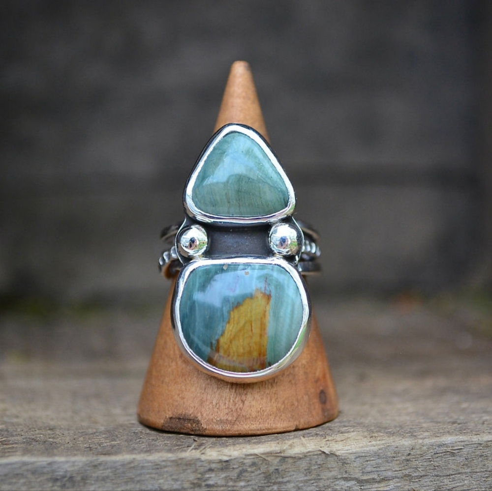 Gary Green Jasper Sterling Silver Handcrafted Ring Size 9
